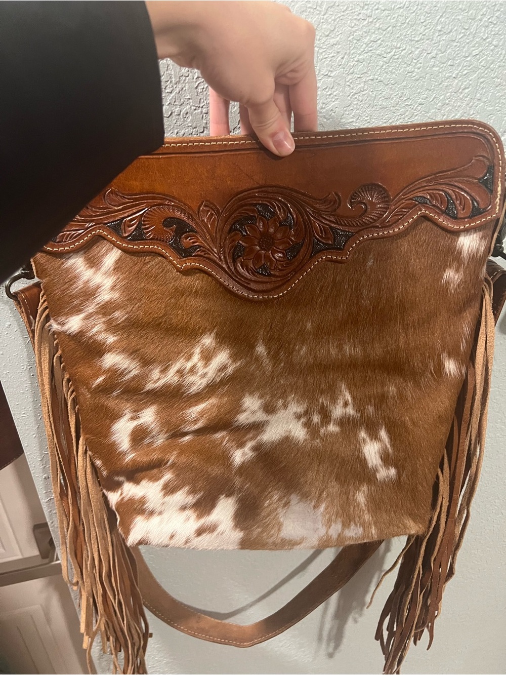 Myra Bag Brown and White Tooled Leather Cowhide Fringe Shoulder Bag